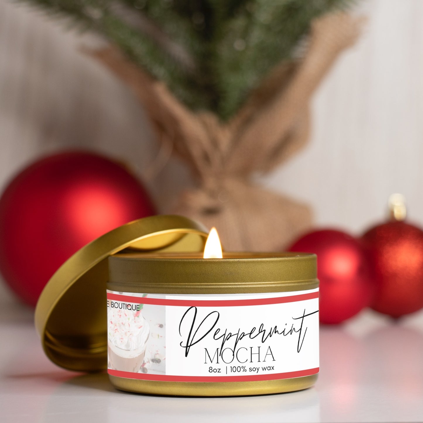 8oz Peppermint Mocha Candle Tin, Winter Holiday Collection Soy Wax Candle, Vegan Coconut Soy Christmas Candle Gift