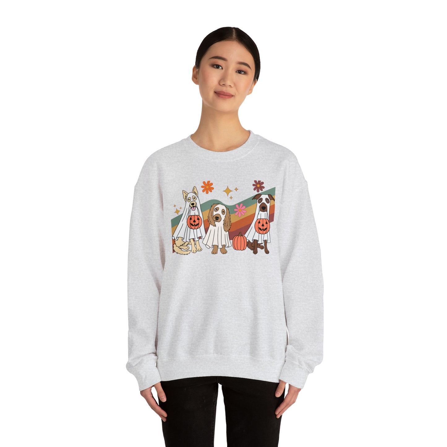 "Retro Ghost Pups" Halloween Crewneck Sweatshirt