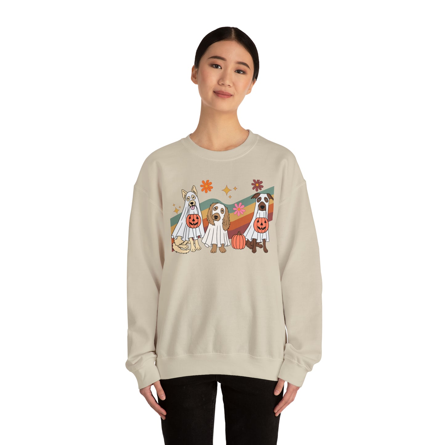 "Retro Ghost Pups" Halloween Crewneck Sweatshirt