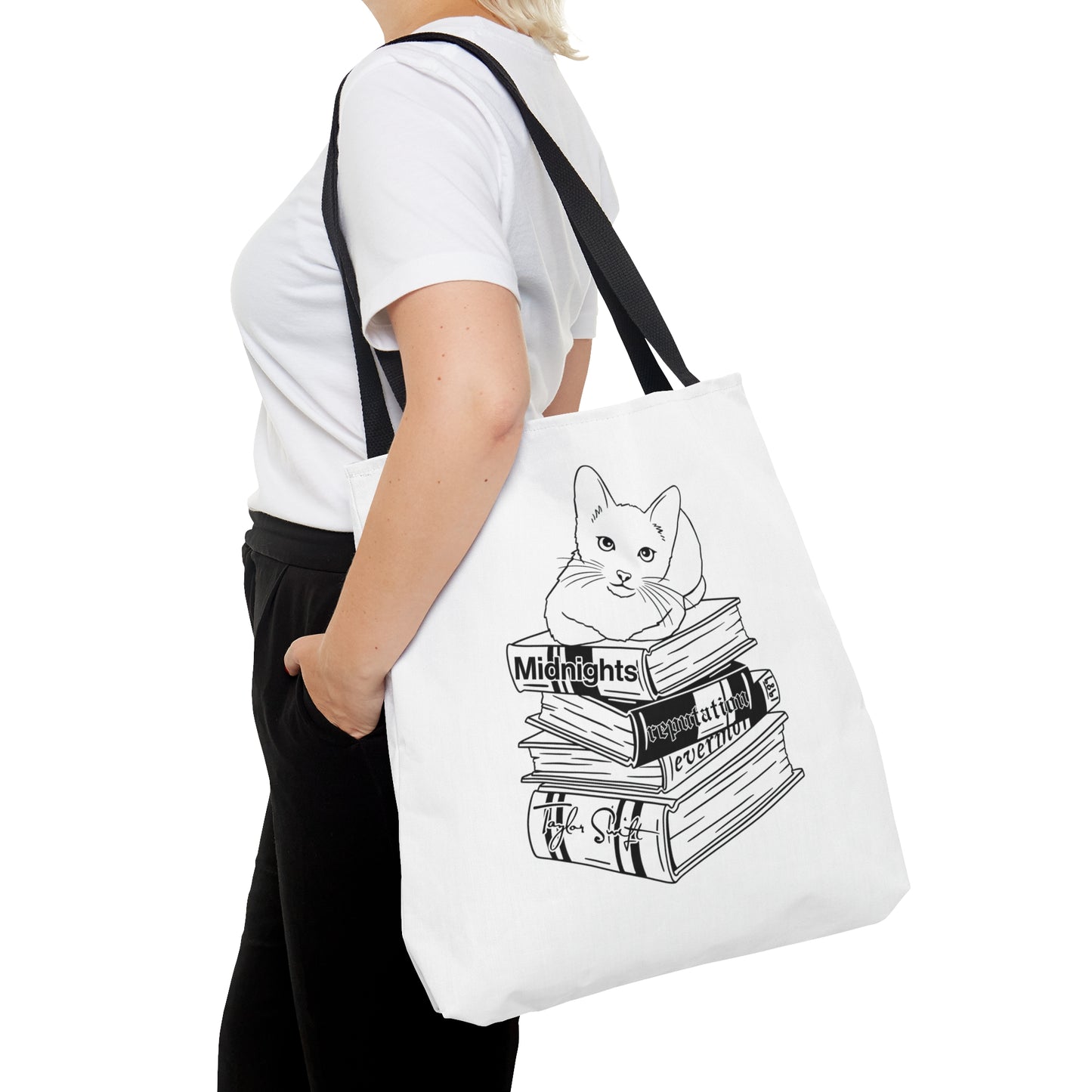 Black and White Cat With Eras Inspired Books Tote