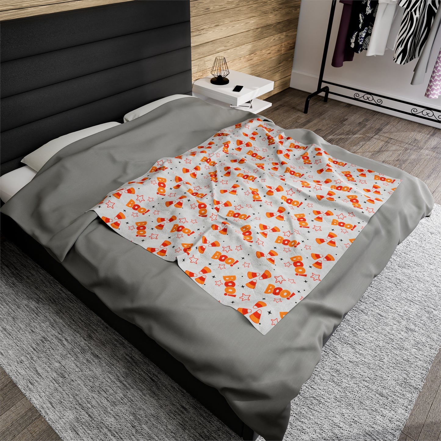 BOO Candy Corn Velveteen Blanket, Plush Halloween Throw Blanket