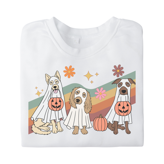 "Retro Ghost Pups" Halloween Crewneck Sweatshirt