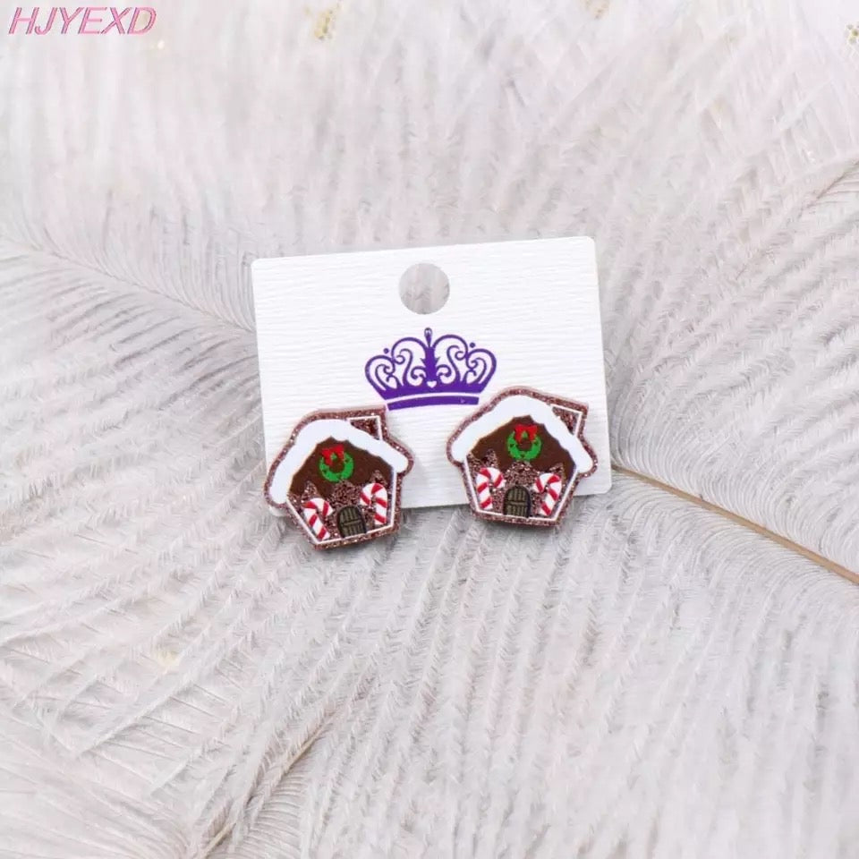 Cute Christmas Gingerbread House Glitter Stud Earrings