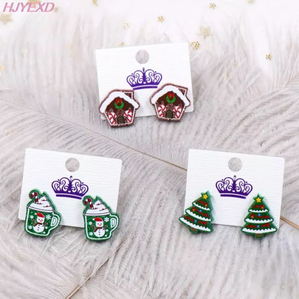 Cute Christmas Gingerbread House Glitter Stud Earrings