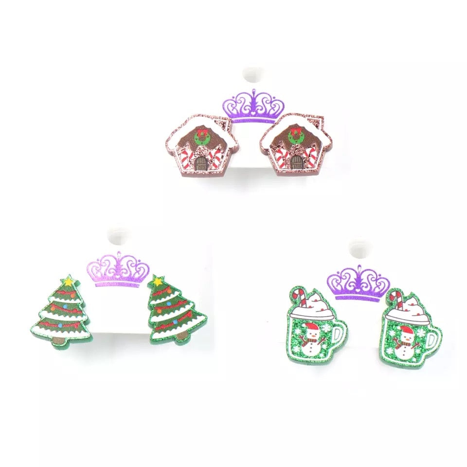 Cute Christmas Gingerbread House Glitter Stud Earrings