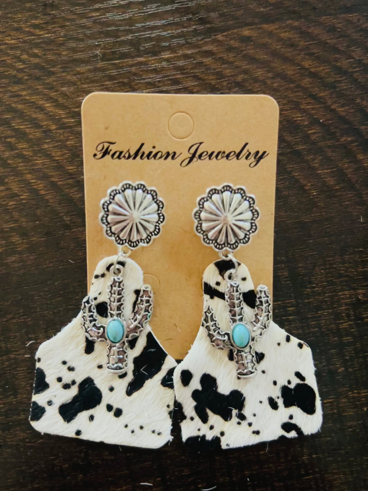 Faux Cowhide Cow Tag Earrings