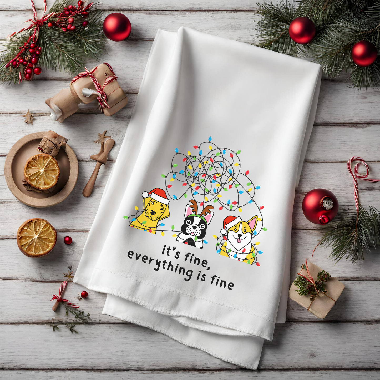 Everything is Fine Christmas Hostess Towel, Holiday Tea Towel