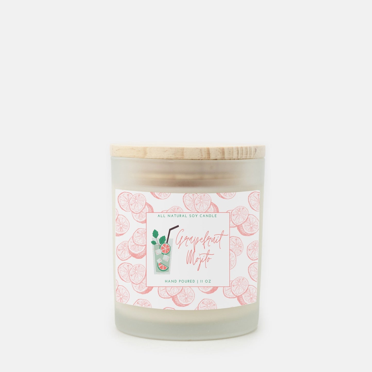 Grapefruit Mojito Soy Wax Candle, 11oz Hand poured frosted glass, Grapefruit and Mint Scent, Patio Drinking Candle