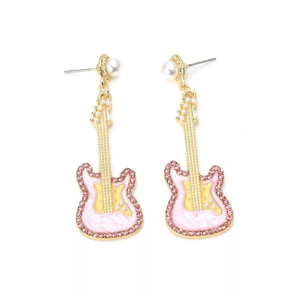 Pink Bling Guitar Earrings