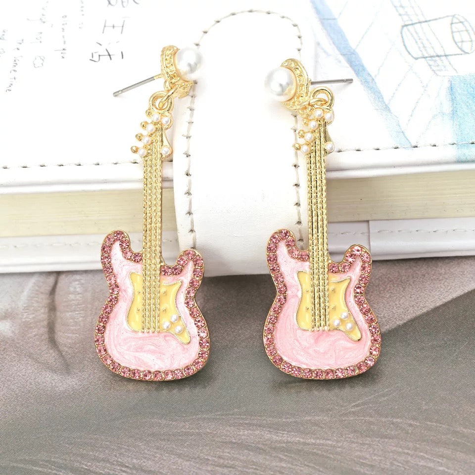 Pink Bling Guitar Earrings