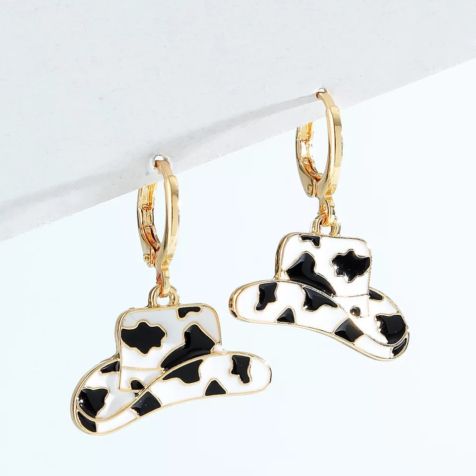 Cow Print Cowgirl Hat Earrings