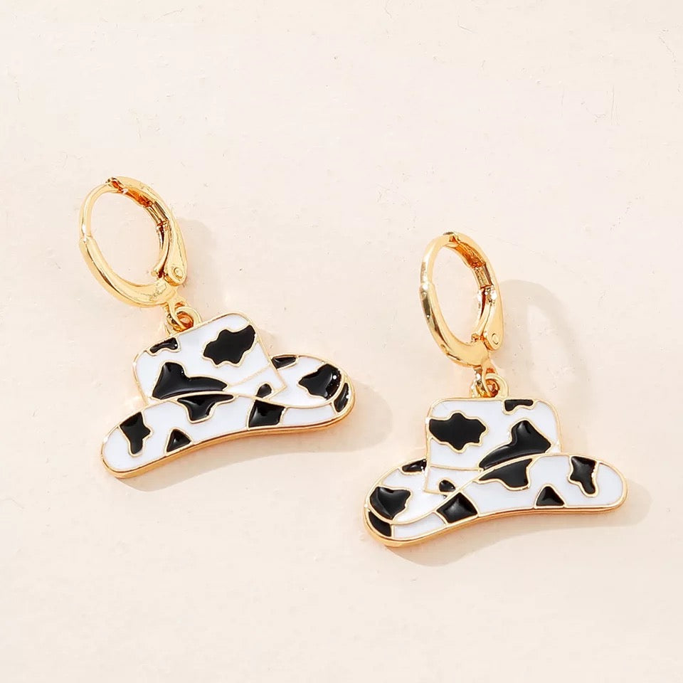 Cow Print Cowgirl Hat Earrings