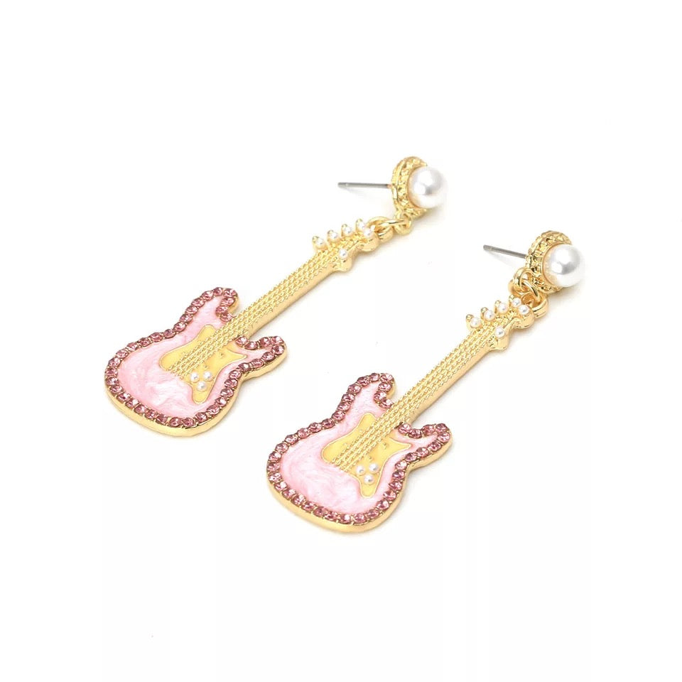 Pink Bling Guitar Earrings